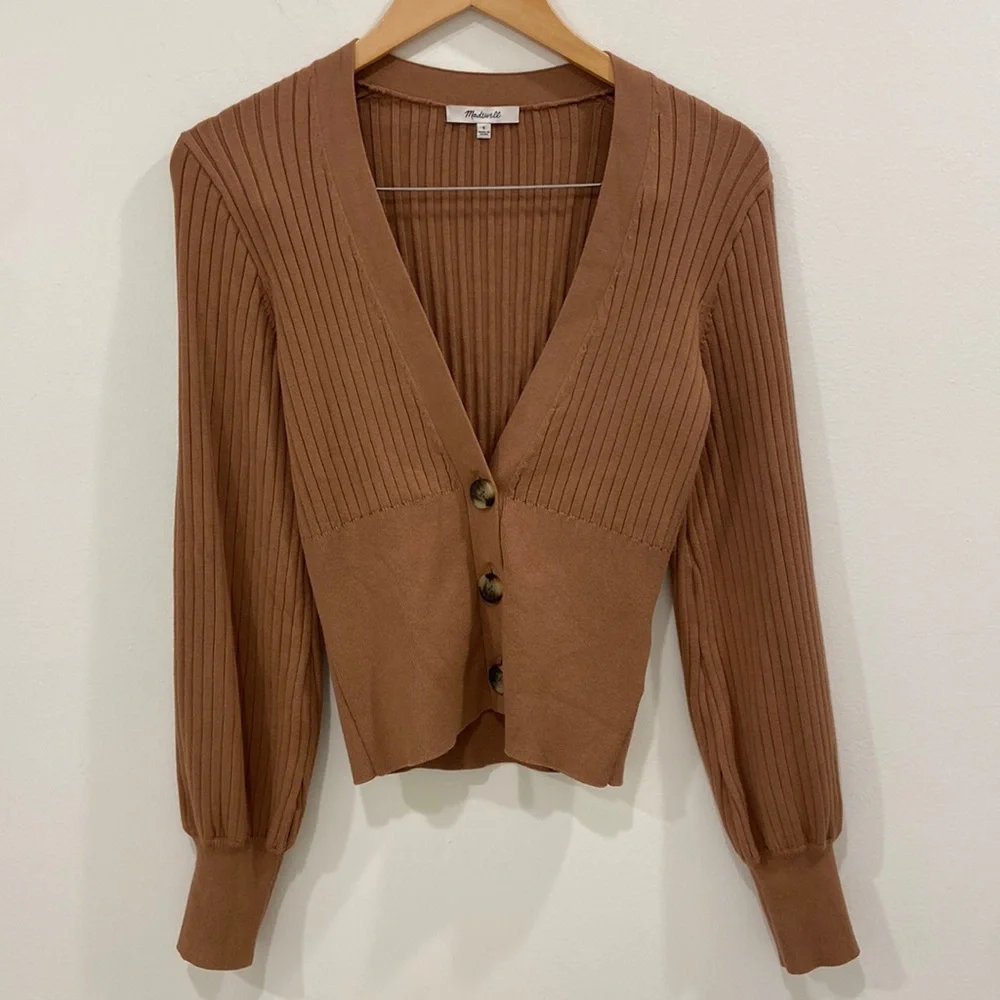 Madewell Rust Brown Ribbed V-Neck Button Cardigan - Picture 5 of 9